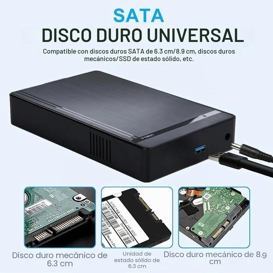 Carcasa de disco duro, USB 3.0 a SATA HDD disco duro externo para disco duro SSD de 2.5 pulgadas/3.5 pulgadas de hasta 18 TB con adaptador de corriente CC, carcasa SSD de 5 Gbps para Windows