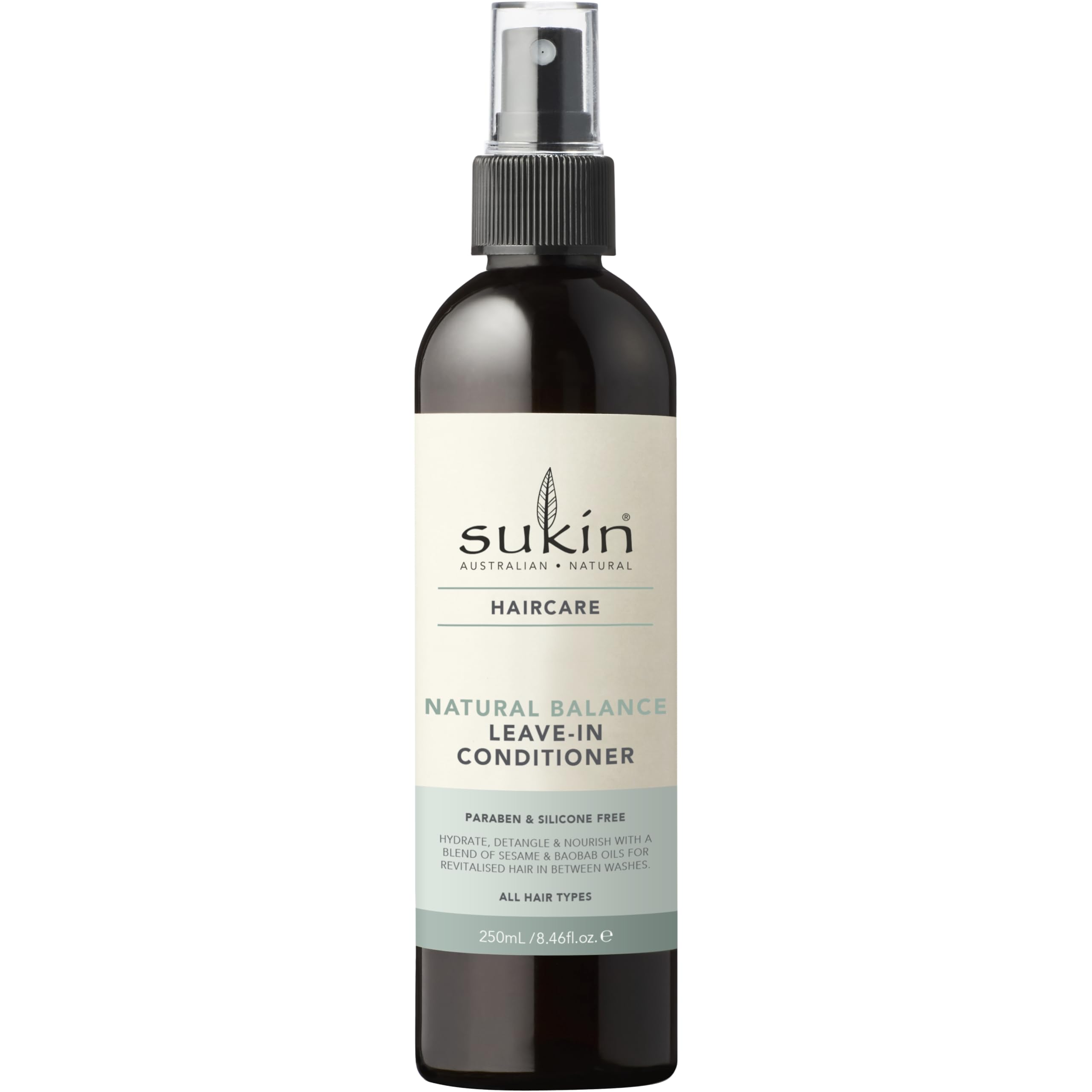 Sukin Natural Balance Leave-In Conditioner 250ml - lightweight, moisturises gently, detangles and tames frizz for healthy shiny hair - with essential Oils; cruelty free & vegan friendly.