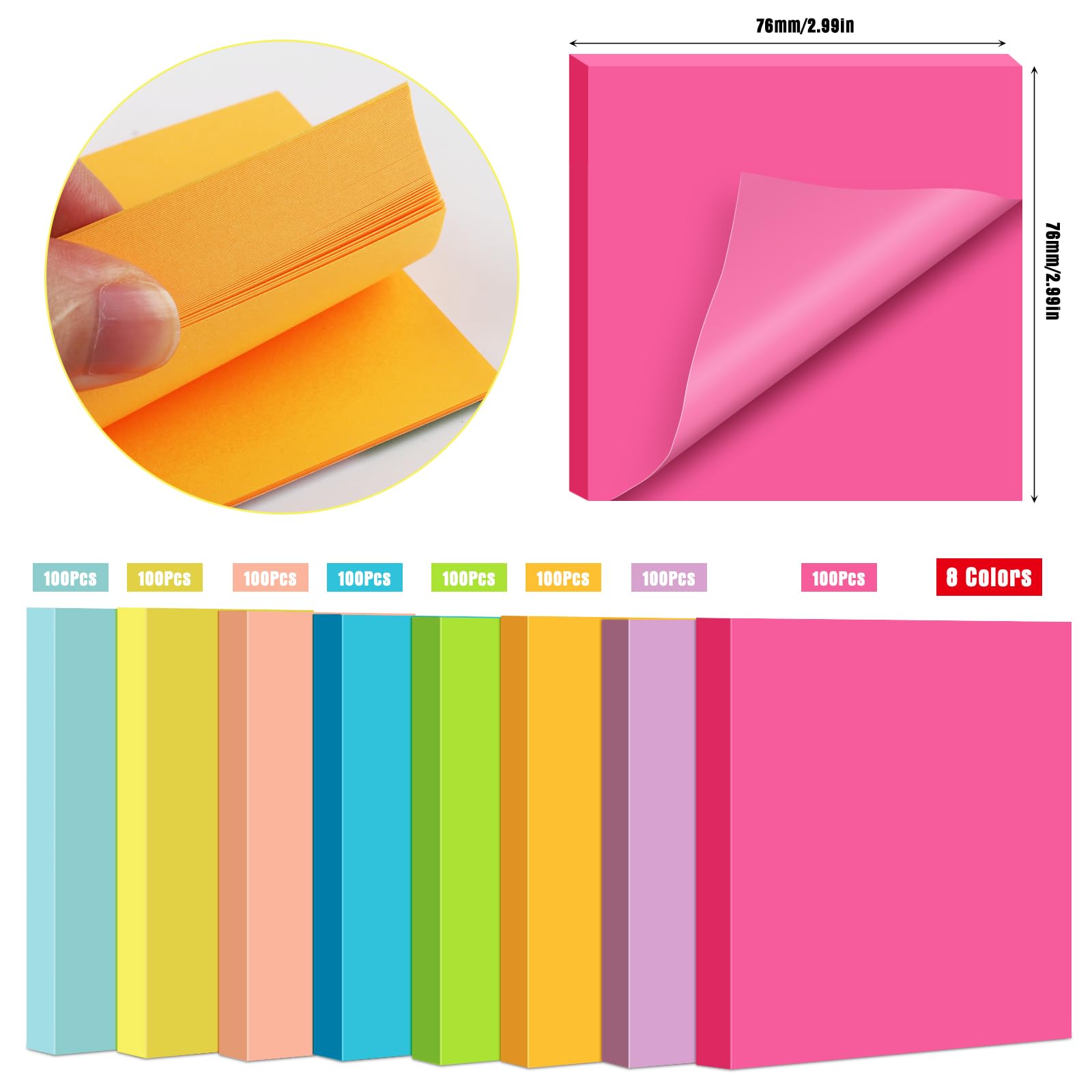 Sticky Notes Super Adhésives 800 Feuilles 8 Couleurs 76 mm x 76 mm