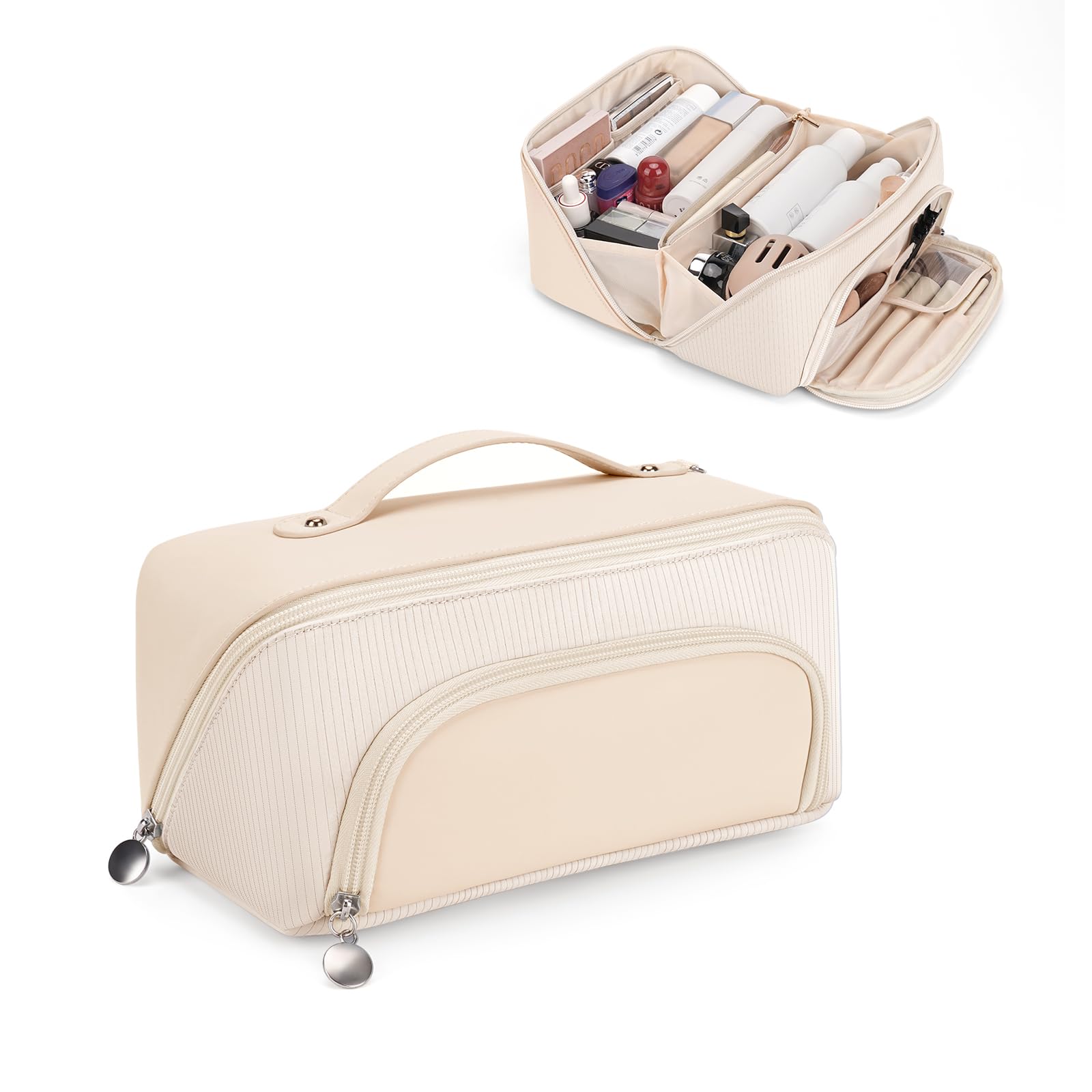 Lotour Makeup Bag Organizer Travel Cosmetic Bag, Large Capacity Skincare Bag for Women Girls, Portable Pouch Open Flat Toiletry Bag for Travel