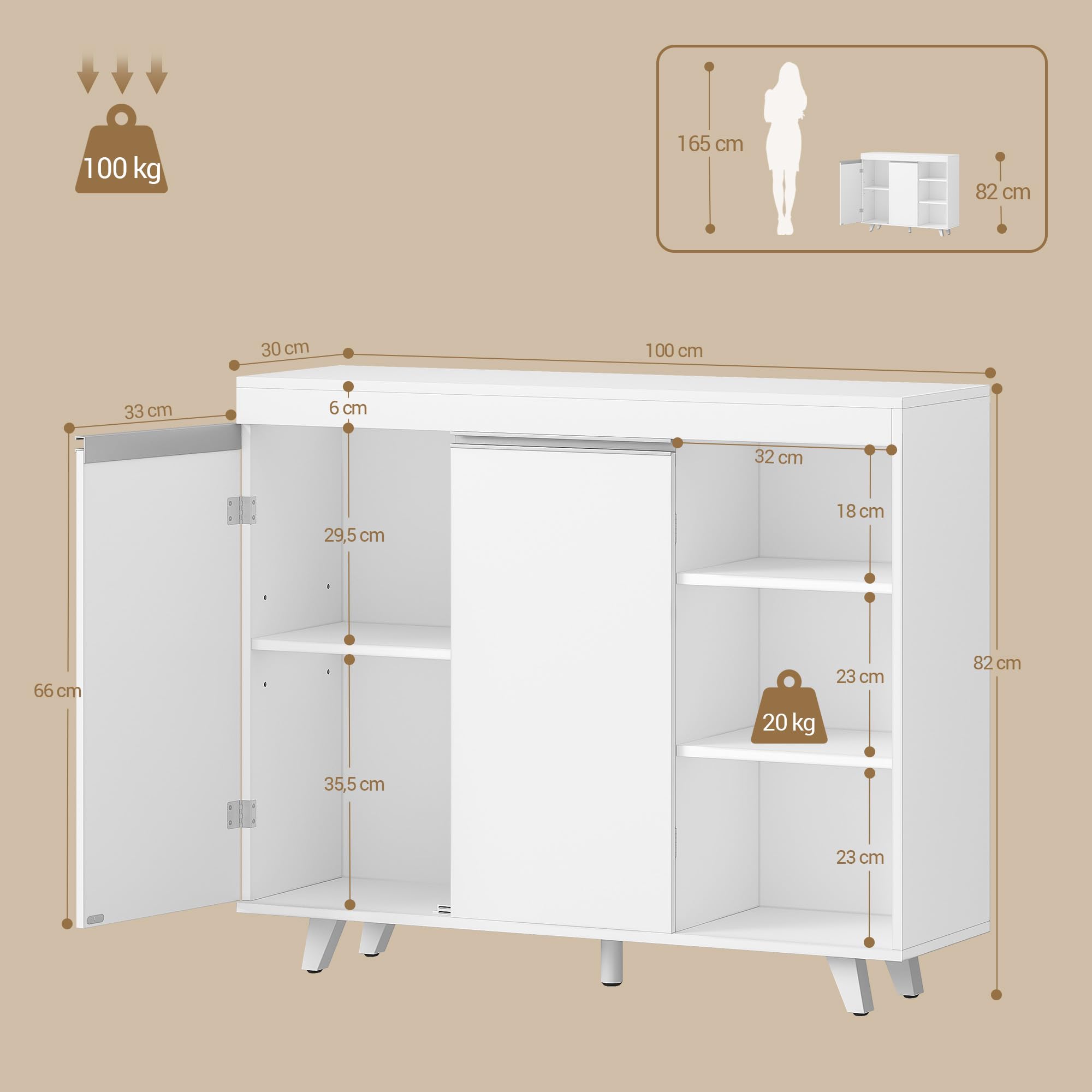 Hzuaneri Mobile da Bagno, Armadio di stoccaggio, Mobile da cucina, con 3 Ripiani Aperti Regolabili e 2 ante, moderno, per Bagno, Soggiorno, Ingresso, Cucina, 30 x 100 x 82 cm, Bianco SC20203X