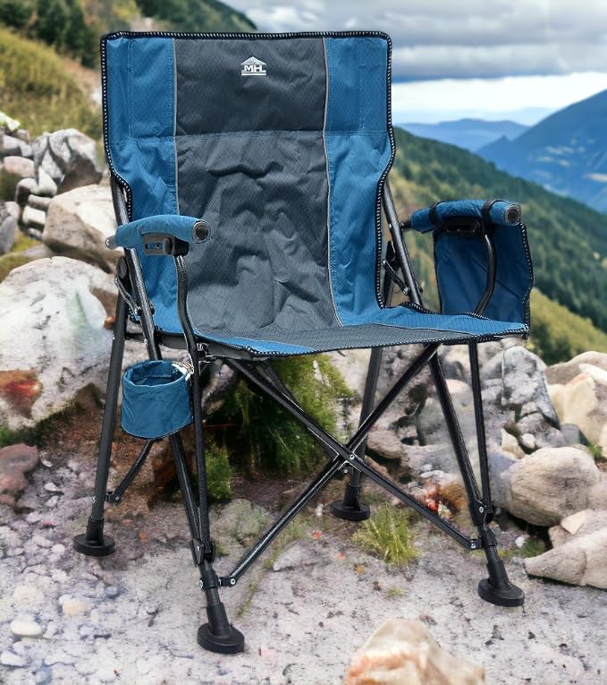MH-C104S Camping Chair, Beach Chair, Garden Chair, Folding Chair with Comfortable Tilted Back-Cup Holder-Carry Bag and storage pockets for Indoor Outdoor Travel Office (Blue & Grey)