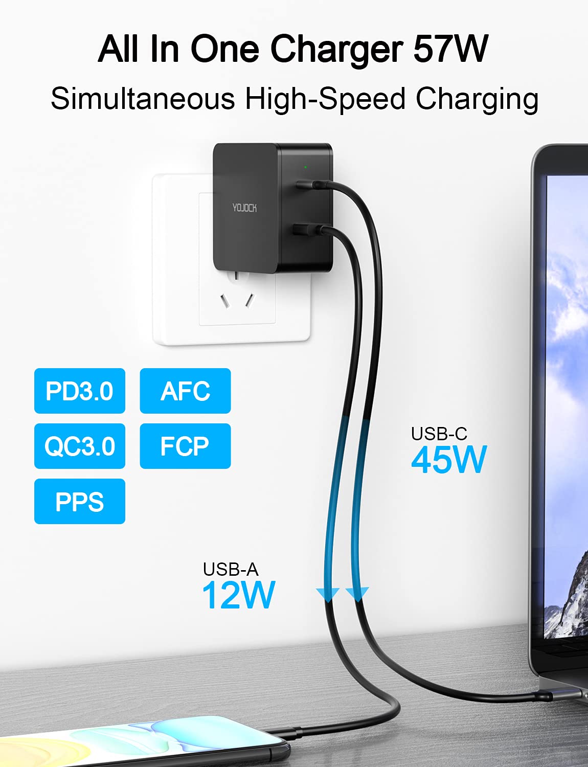 YOJOCK Caricatore USB C 57W Power Power Delivery 3.0, Caricabatterie USB C 2 Porte Quick Charge, Alimentatore USB Compatibile 45W/12W con iPhone12 Pro/SE/MacBook/Galaxy S22 S21 (Black)