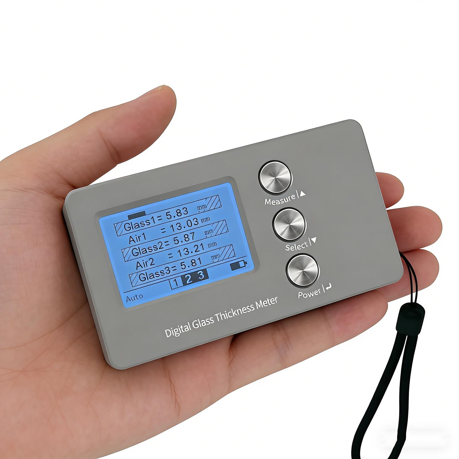 Medidor Digital de Espesor de Vidrio para Vidrio Laminado Aislante de Doble y Triple Panel. Medición de Espesor de Cámara de Aire en un Solo Lado con Alta Precisión (±0,1 mm).
