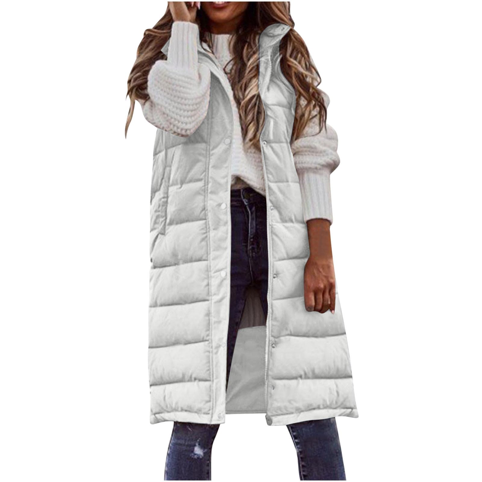 Chalecos acolchados con capucha para mujer, chaleco acolchado térmico con cremallera completa, para otoño e invierno, calentador de cuerpo al aire libre, longitud media, botones, sin mangas, chaleco