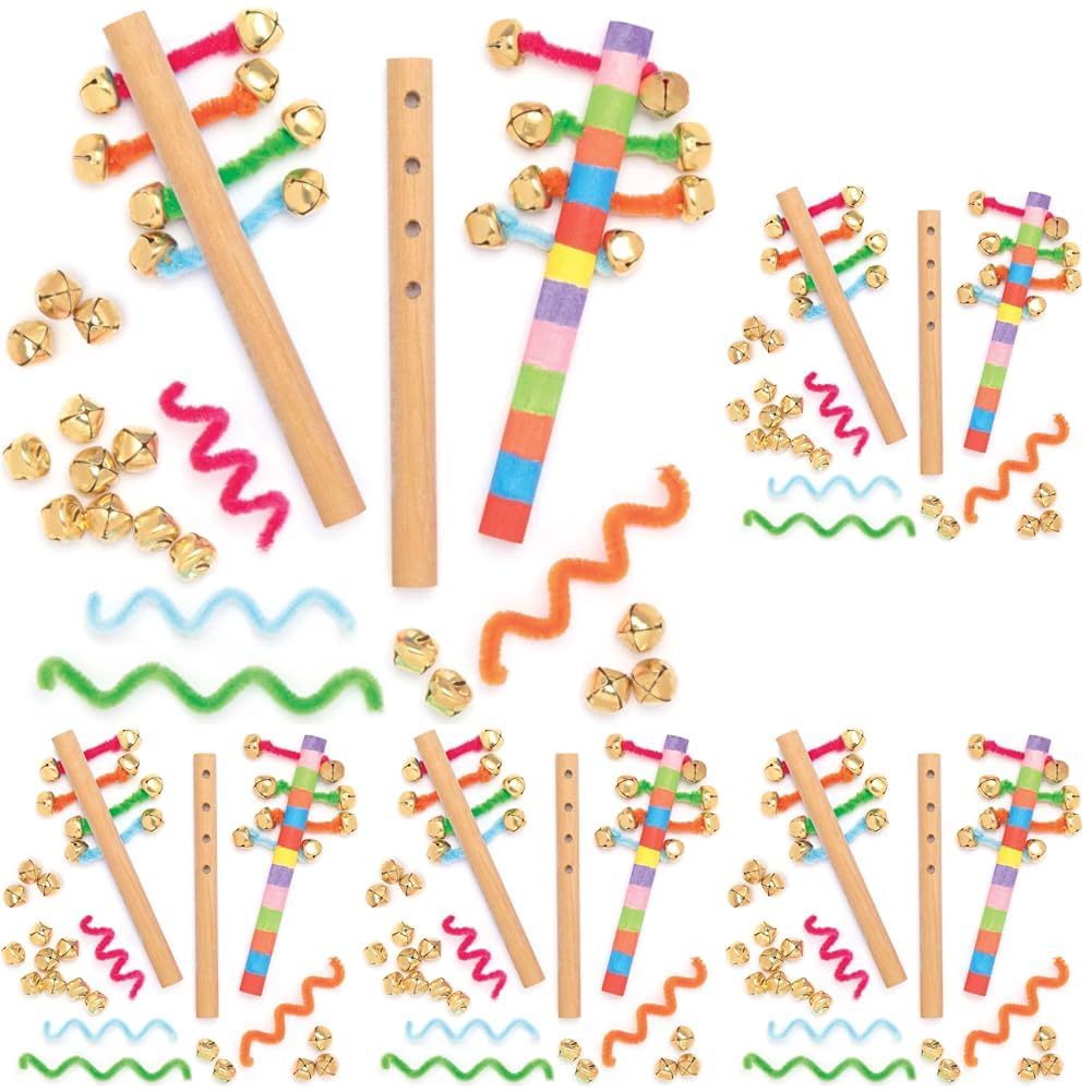 Baker Ross AT813 Bastelset Glöckchenstab aus Holz, 4 Stück, Holzhandwerk für Kinder zum Gestalten, Bemalen, Dekorieren und verwenden, Mittel (Packung mit 5)