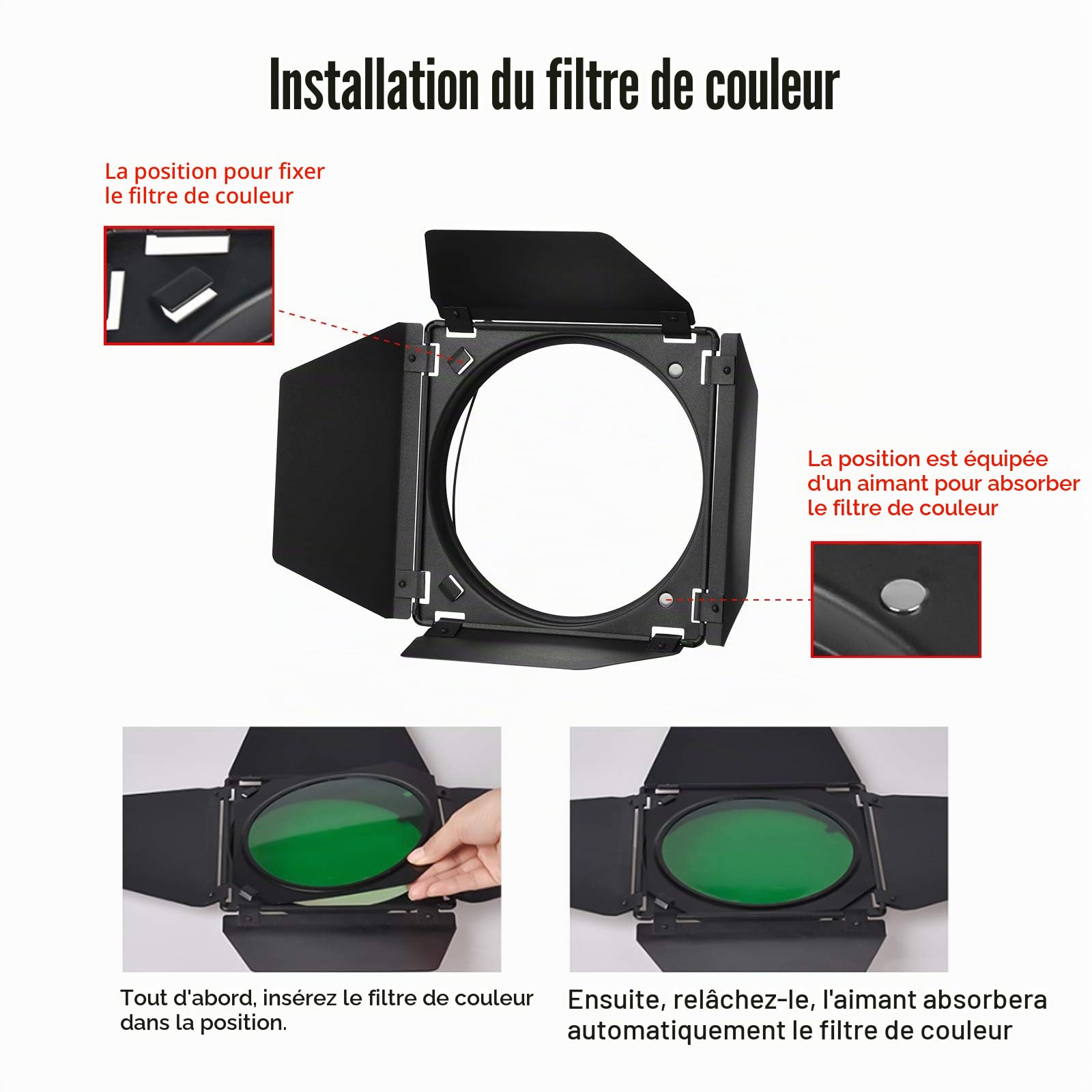 Godox BD-04 Barn Door Barndoor Kit avec grille en nid d'abeille 4 filtres en gel de couleur pour réflecteur standard de 7 pouces de rechange pour GODOX SL60W SL150II SK400II Studio Light Portrait