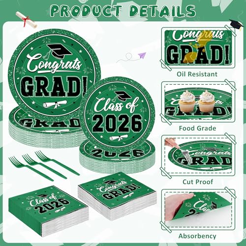 Image of QZYL 200Pcs Graduation Party Supplies, Green Graduation Plates and Napkins, Disposable Grad Dessert Plates and Plastic Forks, Grad Party Decorations for 50 Guests