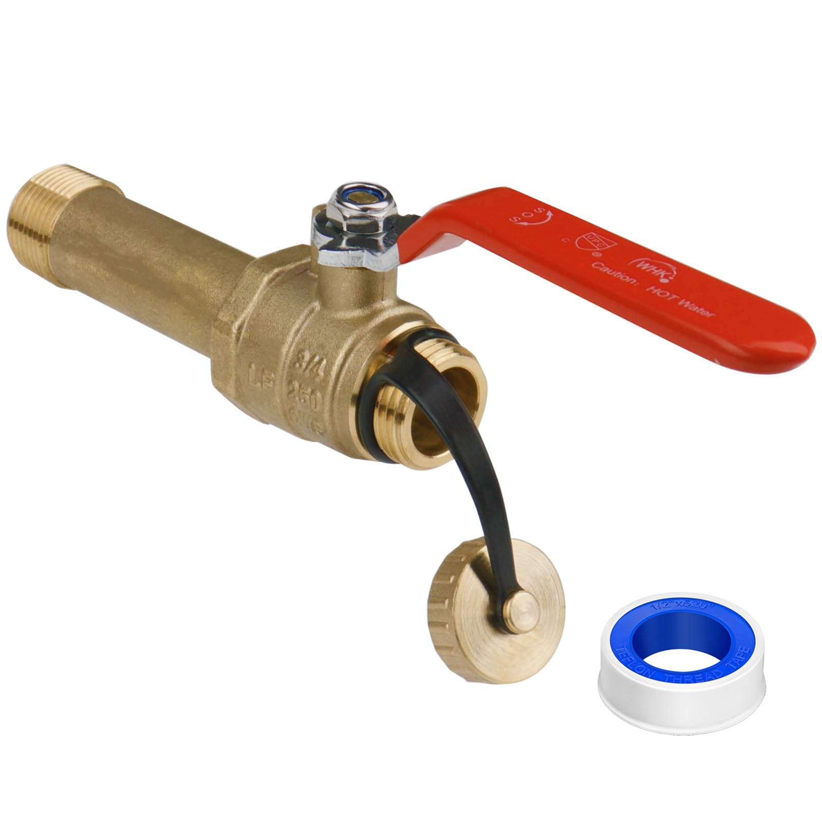 Válvula de drenaje para calentador de agua WHK 3 4 MIP X 3 4 GHT macho Conexión para drenar o descargar el calentador de agua caliente Más rápido y fácil Puerto completo grande Latón sin plomo Vástago de 3 pulgadas con mango largo recto