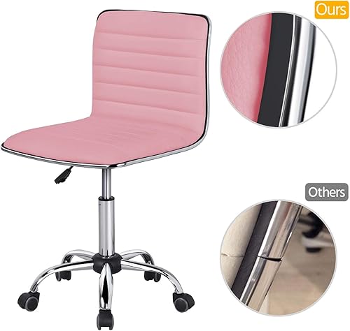 Miniatura 6 de Yaheetech Sillas de oficina ejecutivas de piel sintética acanaladas sin brazos con ruedas, sillas giratorias ajustables con respaldo bajo, color rosa