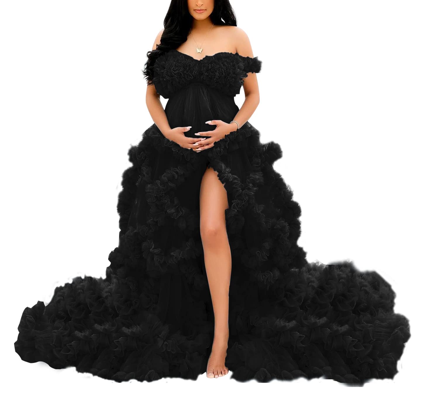ZQSEP Puffy Tulle Robe for Maternity Photoshoot Ruffles V Neck Illusion Bridal Lingerie Bathgown Baby Shower Dress