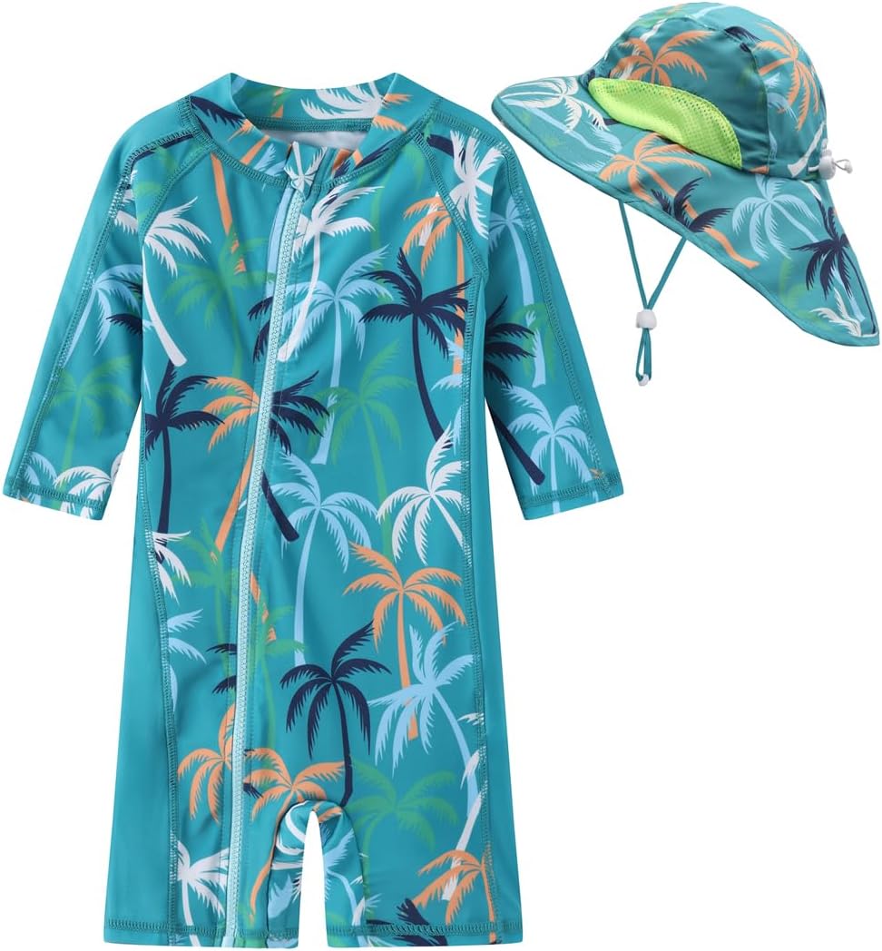 Toddler Baby Boys Swimsuit Rashguard One Piece Zipper Bathing Suit with Sun Hat Infant Swimwear Sunsuit UPF 50+