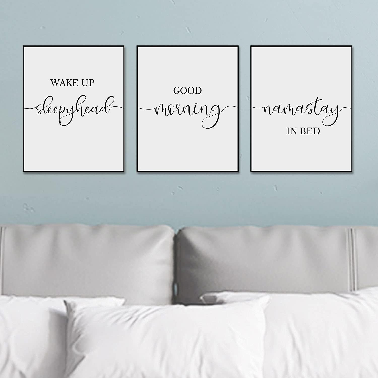 Wake Up Sleepyhead Namastay in Bed Typography Prints, Minimalist Morning Quote Wall Art for Bedroom, Set of 3 Unframed 11x14 Inch Prints