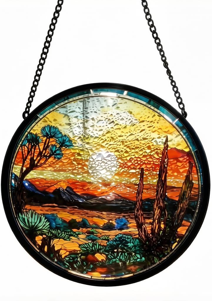 HOTIYOK Sunset Landscape Stained Glass Window Hanging, Mountain Landscape Glass for Kitchen Indoor Decorations, Gifts for Women Grandma Teacher Nature Lovers