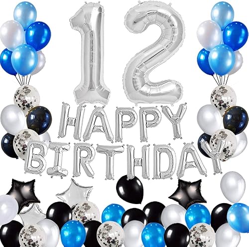 Juego de suministros de decoración de cumpleaños de 12 años, pancarta de feliz cumpleaños, globos de aluminio con el número 12 y globos en forma de