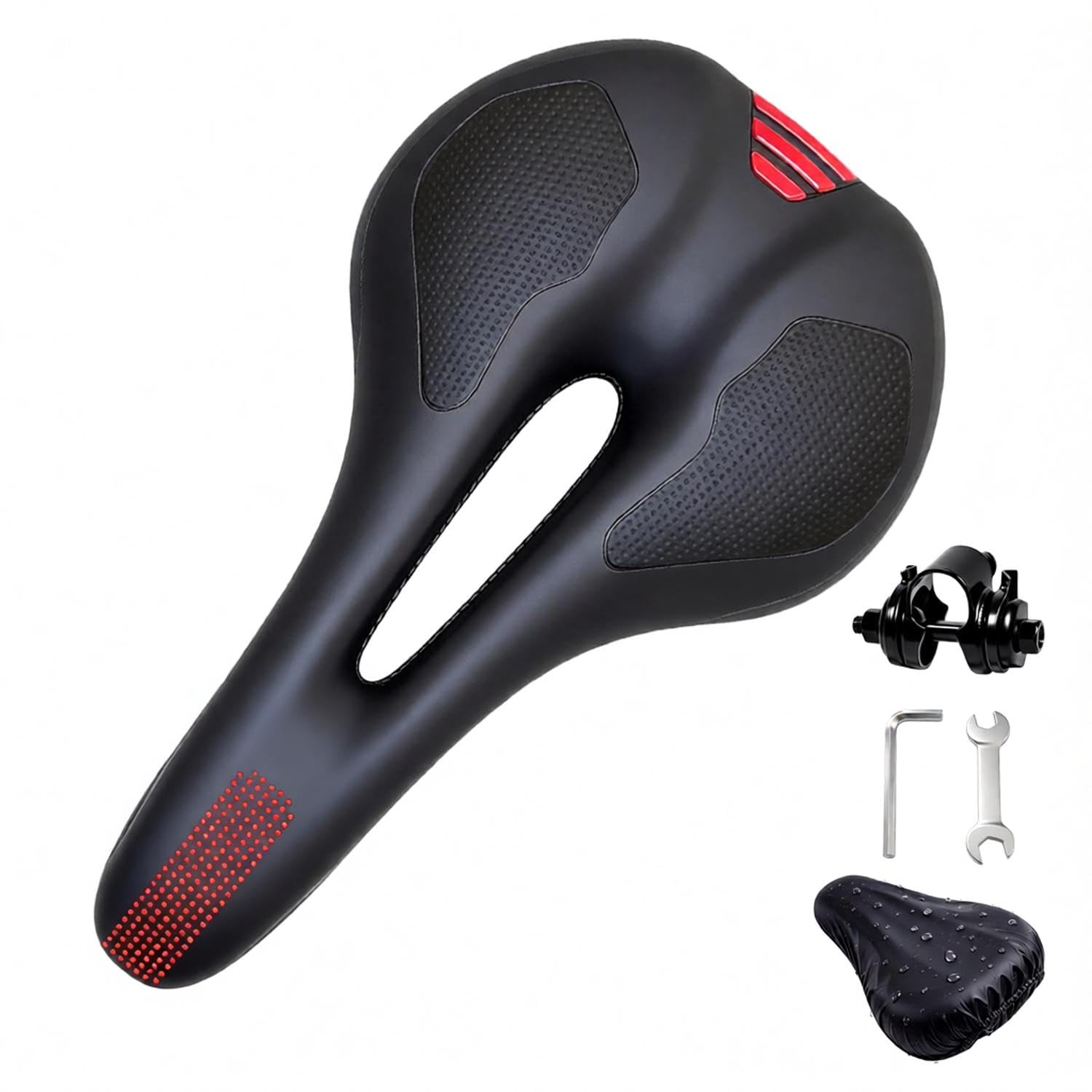 Hmseng Bequemer Fahrradsattel, MTB Sattel Herren Damen, Alpensattel Ergonomisch mit Wasserdichte Abdeckung Installationswerkzeuge, Wasserdicht Stoßdämpfend Sattel Fahrrad für die Meisten Fahrräder-Rot