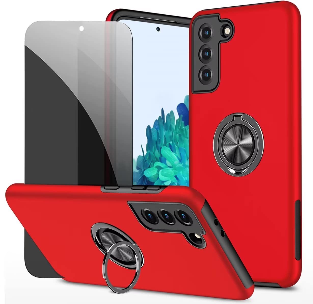 Dechyi Privacy Case for Samsung Galaxy S22 Plus 5G Red Mobile Phone Case with Anti-Specking Tempered Glass Screen Protector with Ring Holder Shockproof Scratch Resistant Durable Protective Case