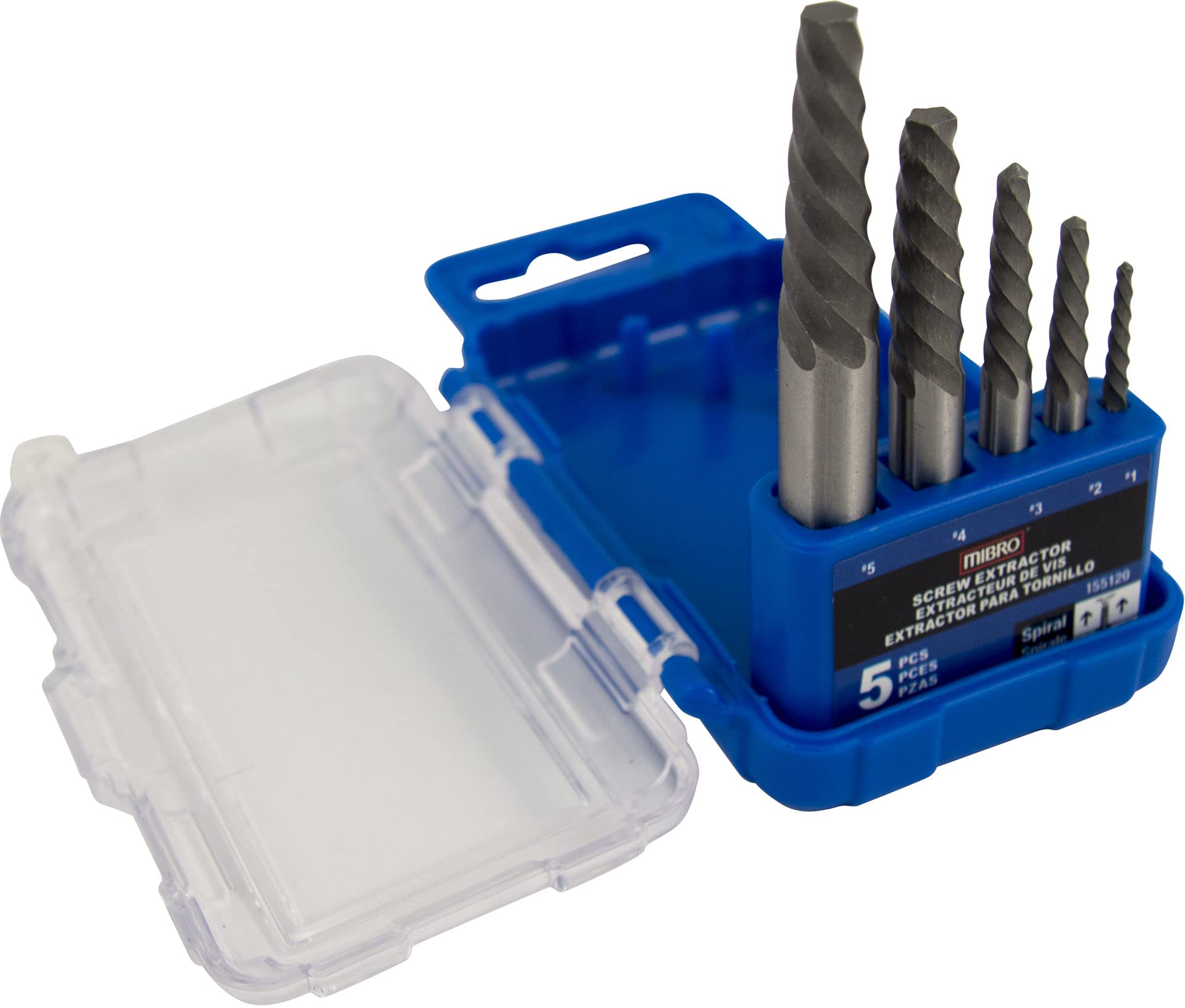 Mibro 155120 5-piece spiral flute screw extractor set in clear blue plastic case