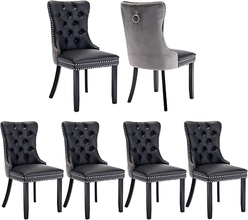 Miniatura 68 de Juego de 4 sillas de comedor de terciopelo beige, sillas tapizadas modernas para comedor con respaldo capitoné y acentos de madera, patas curvas de