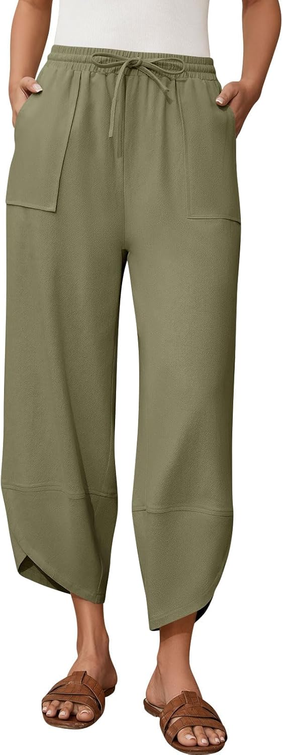 Womens Barrel Harem Linen Pants Wide Leg Pants Baggy Palazzo Drawstring Elastic Wai...