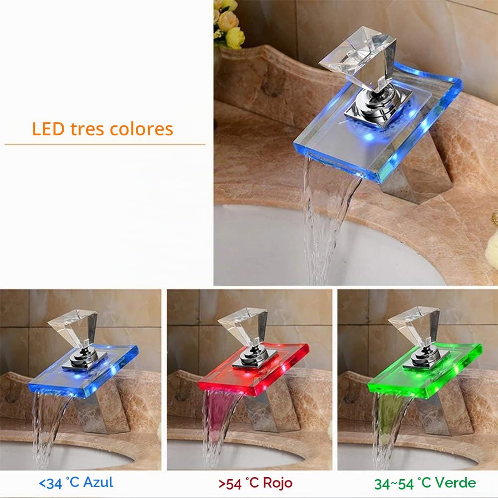 Grifo De Lavabo Cascada Con Iluminación LED Grifo Baño De Latón Con Agua Fría Y Caliente Disponible, Moderno Monomando Cromado Grifo De Cuenca Con Válvula De Cerámica, Ahorrar El Agua