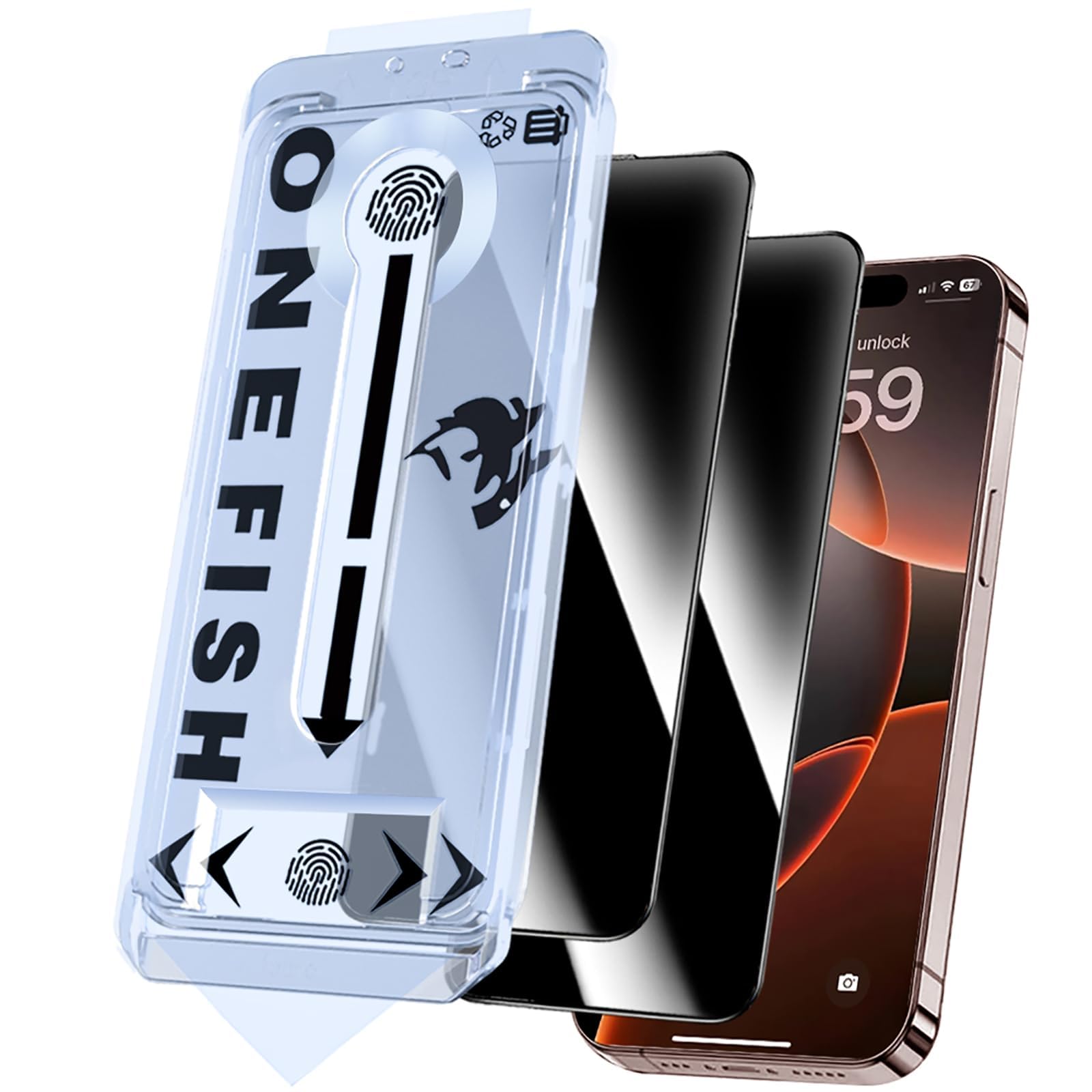 OneFish Privacy Screen Protector for IPhone 15 Pro Max Anti-Spy Tempered Glass Dust-Free Bubble-Free Anti-Fingerprint 9H Scratch Protection &