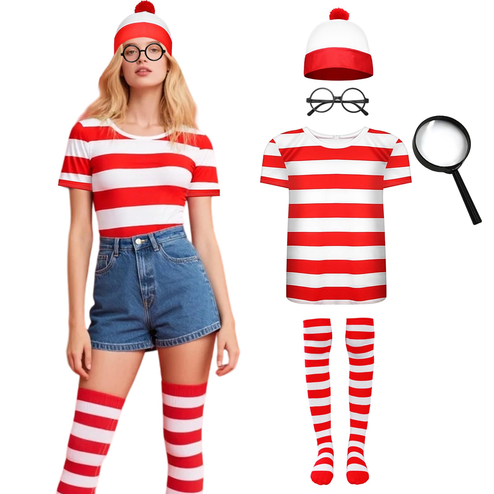 Meriviva Adult World Book Day Costumes, Red and White Striped Top Set including Hat Glasses Magnifying Glass