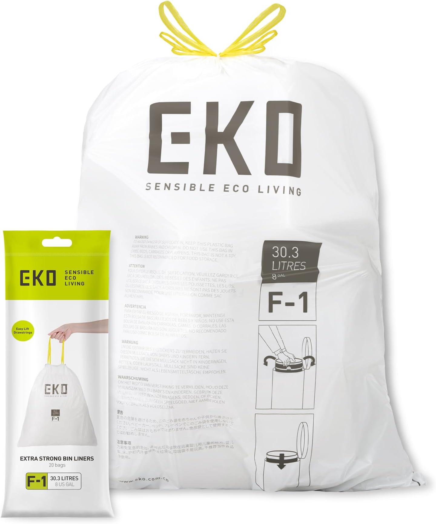 18-30 Litre Drawstring Bin Bags, Heavy Duty Kitchen Bin Liners for Multi Compartment Bins, Leakproof and Tear-Resistant for Waste & Recycling, Unscented Food Waste Bags, 20 Count, Code F-1, White