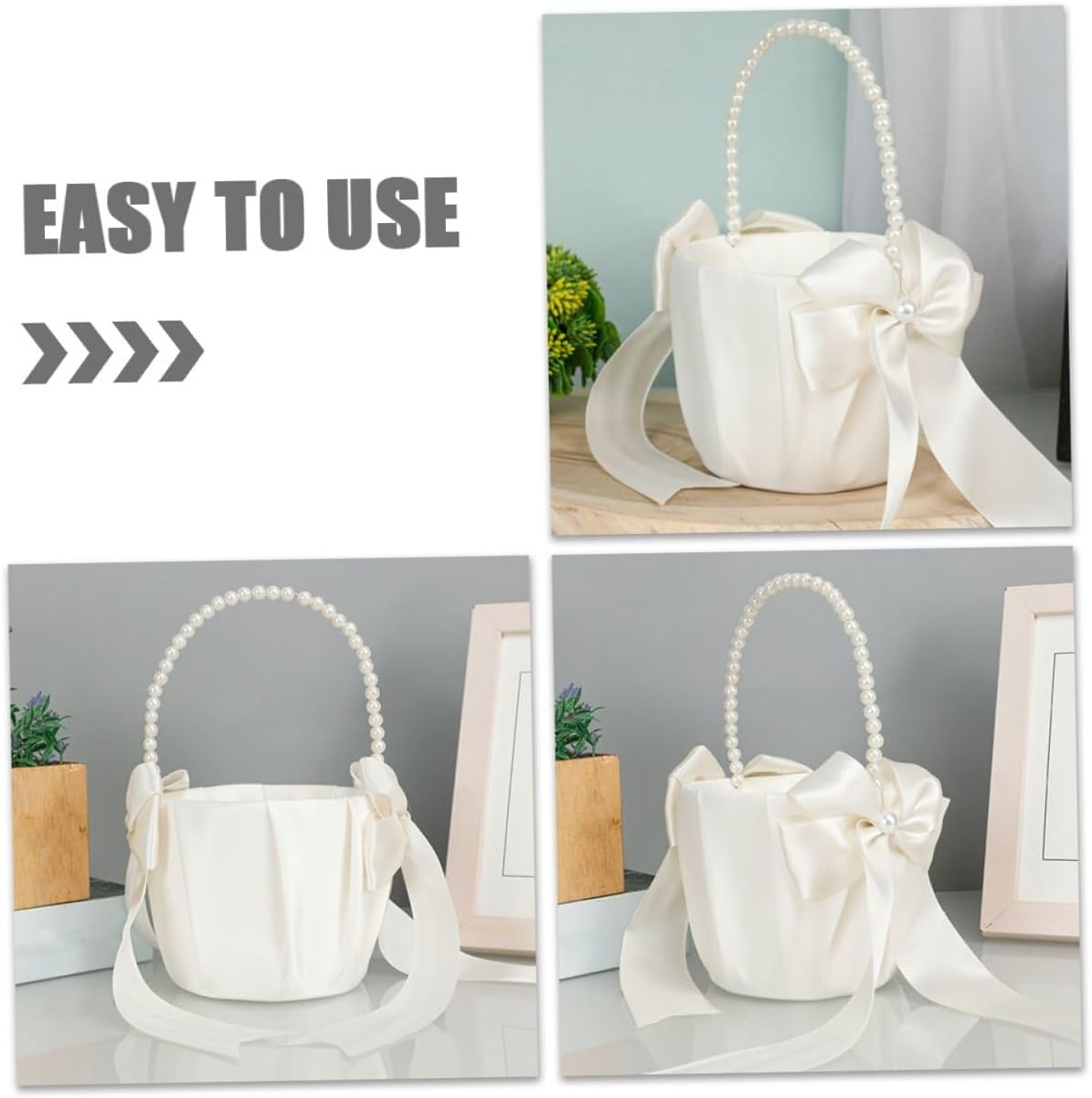 Pearl Bowknot Flower Girl Basket with Handle, Portable Wedding Party Flower Basket for Ceremony Decoration,