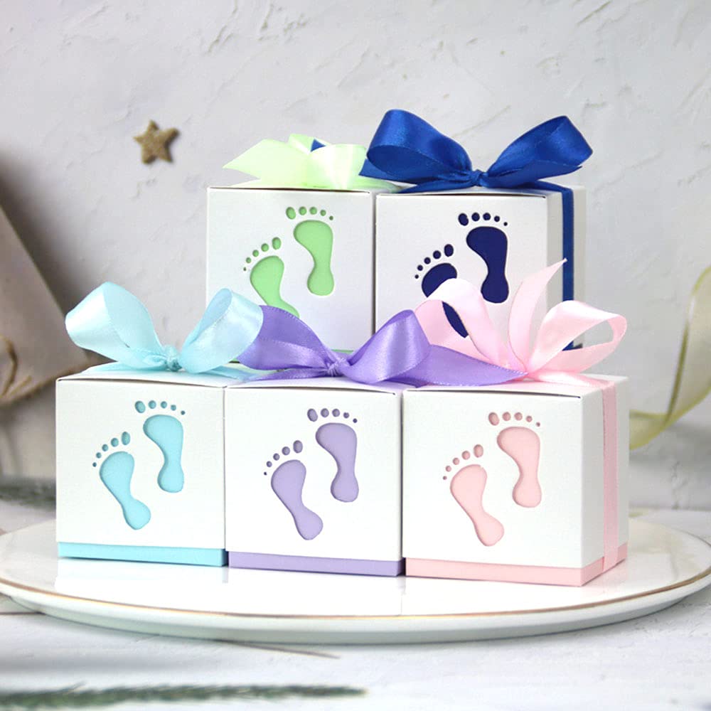 100 cajas de regalo, caja de dulces con huella de bebé, caja de bautizo de bebé con cinta, caja de bombones, caja de regalo para baby shower, cumpleaños, boda, bautizo, nacimiento, fiesta, verde