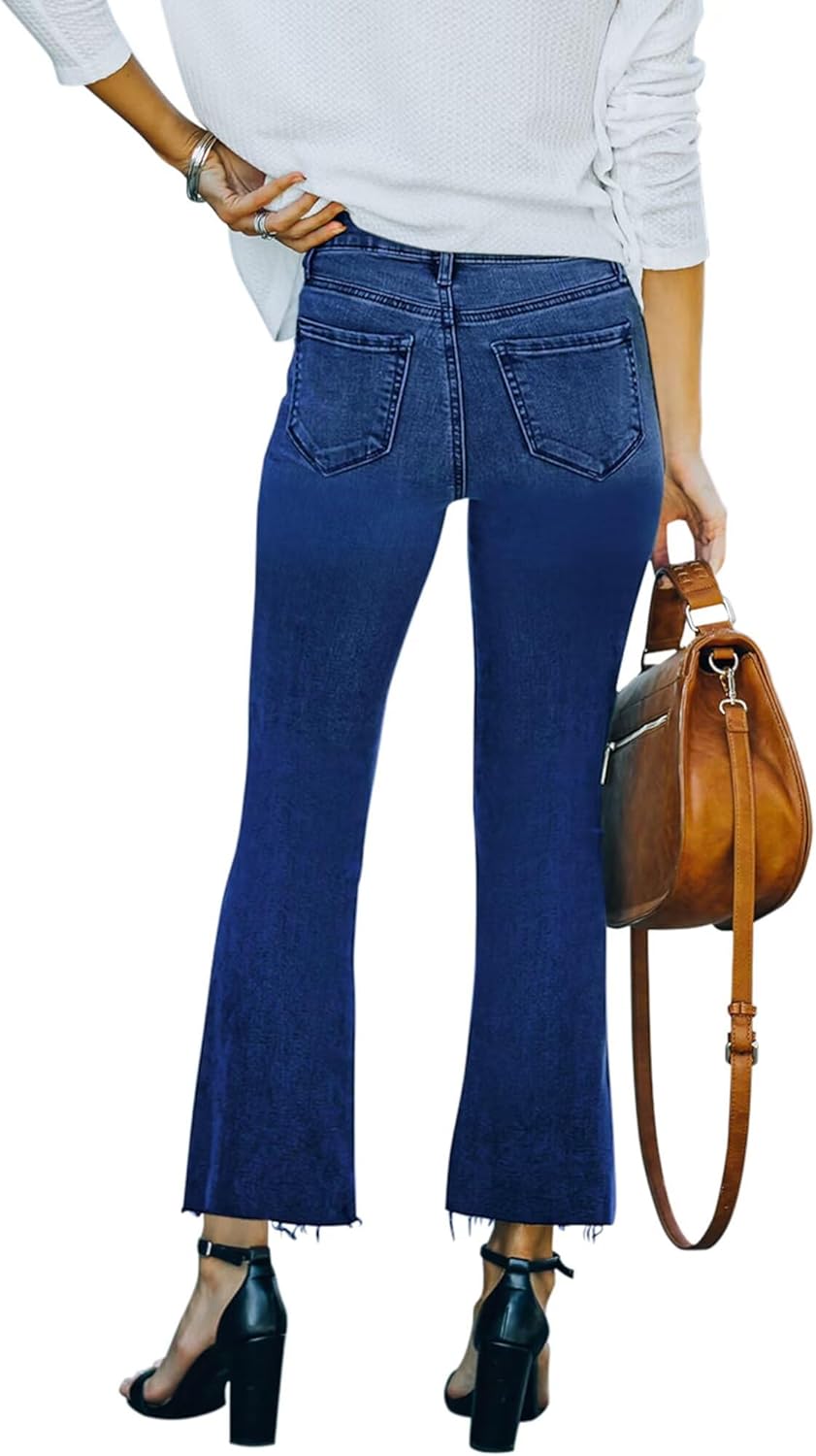 Flare Jeans for Women Cropped Stretchy Mid Rise Bell Bottom Jeans Womens Crop Flare Jeans with Raw Hem - Image 2