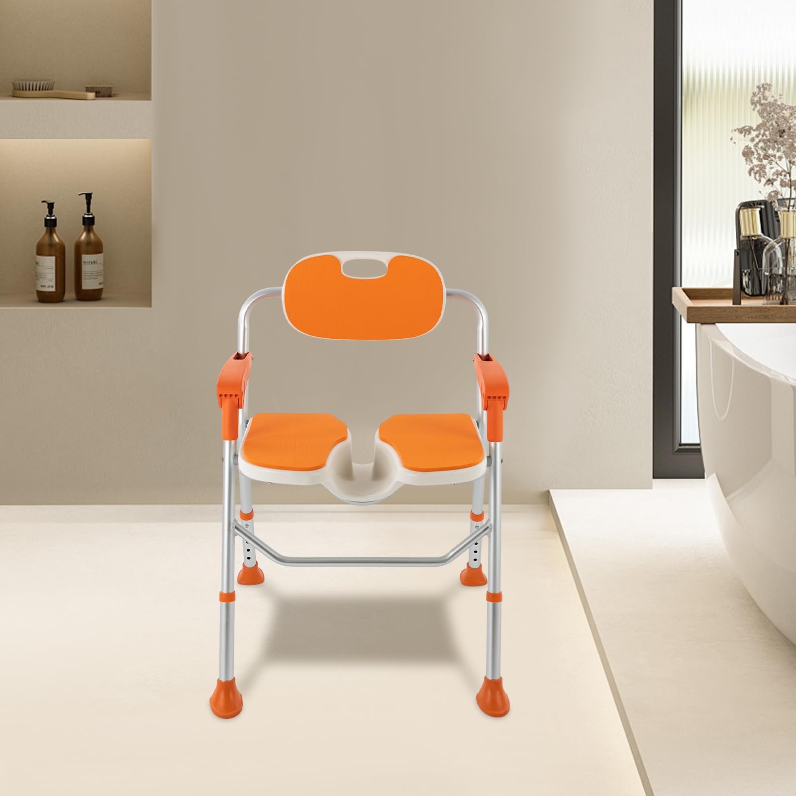 Silla de ducha regulable en altura, con respaldo, reposabrazos que soporta hasta 150 kg, con almohadillas antideslizantes para los pies, altura regulable 39-49 cm, silla de baño extraíble