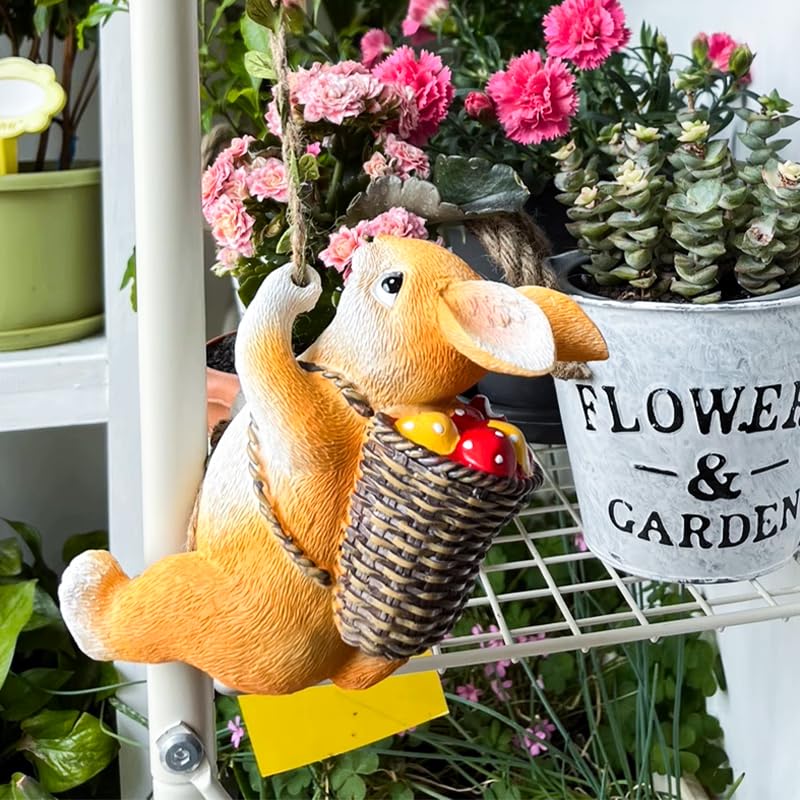 Image of HASTHIP Cute Resin Climbing Bunny Decor with Rope and Basket of Mushrooms for Planter or Garden Hanging, Adorable Rabbit Figurine for Indoor Outdoor Home Decoration