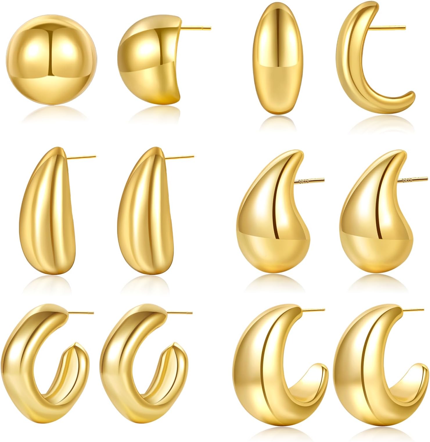 LOUMILEO6 Pairs Chunky Gold Hoop Earrings Set for Women 14K Gold Plated Teardrop Waterdrop Earrings Dupes Lightweight Hypoallergenic Gold Earrings for Women Trendy