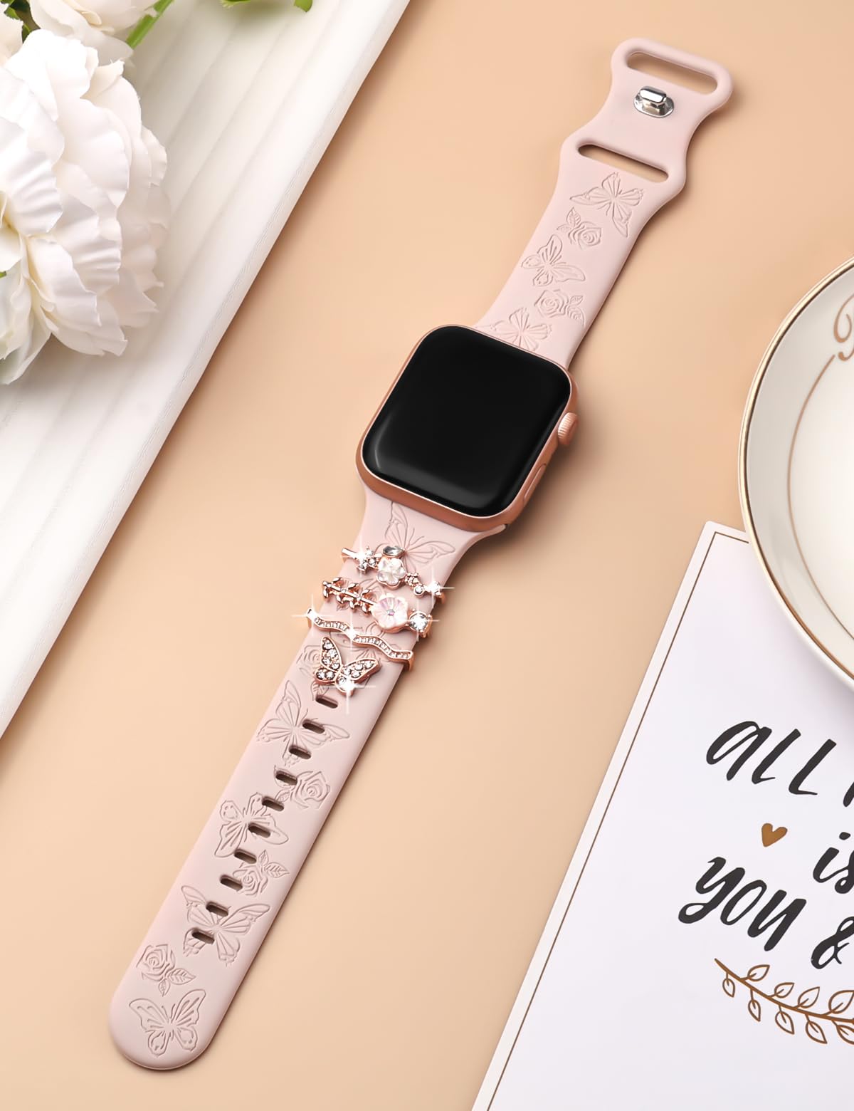 Watbro Floral Engraved Band and Decorative Rings Loops Compatible with Apple Watch Bands 40mm for Women 38mm 41mm, Soft Silicone Sport Band With Decorative Apple Watch Charms for iWatch Series 9 8 7 6 5 4 3 2 1 SE