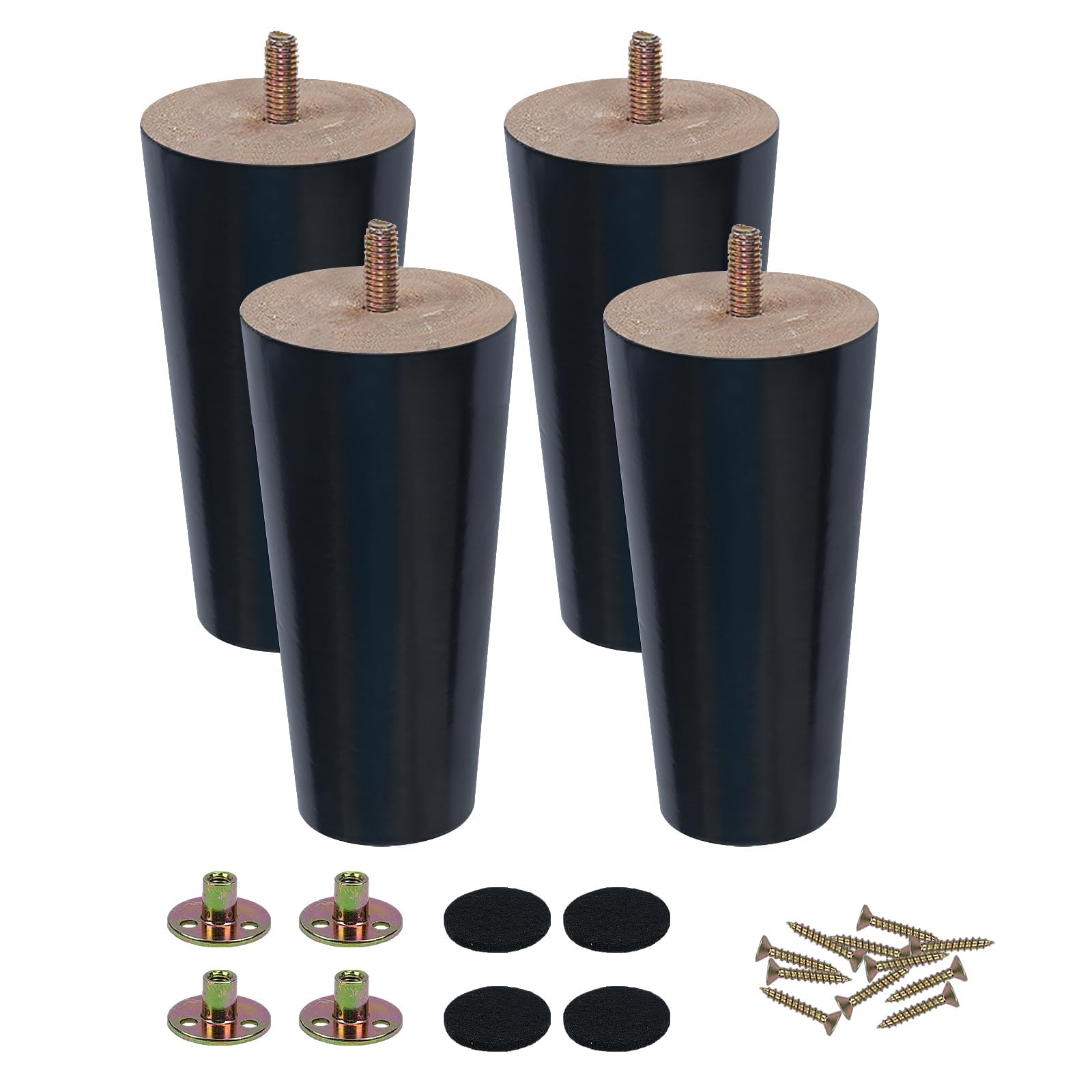 Minnhua 4PCS Sofa Feet 12cm/5inch Wooden Furniture Legs Black Replacement Sofa Legs Chair Legs Table Legs Furniture Feet with Mounting Plates Screws Non-Slip Mat for Chair Bed Couch Table TV Cabinet โ image 1
