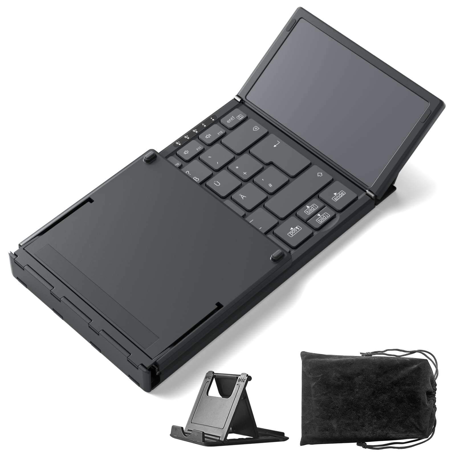 Inateck Faltbare Mini Tastatur, KI-Funktion mit Touchpad,3 Bluetooth-Kanälen, kompatibel mit iPadOS Android, Windows, QWERTZ, KB604