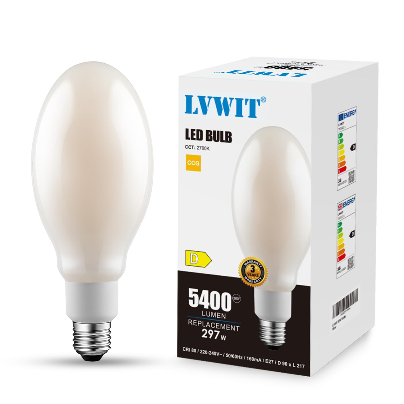 Lvwit Warm White E27 Filament Screw Bulb, 38W Ed90 Edison Bulb, 5400Lm, 297W Incandescent Equivalent, Large Bright Garden Light, 2700K, Led Light Bulbs For Gymnasium