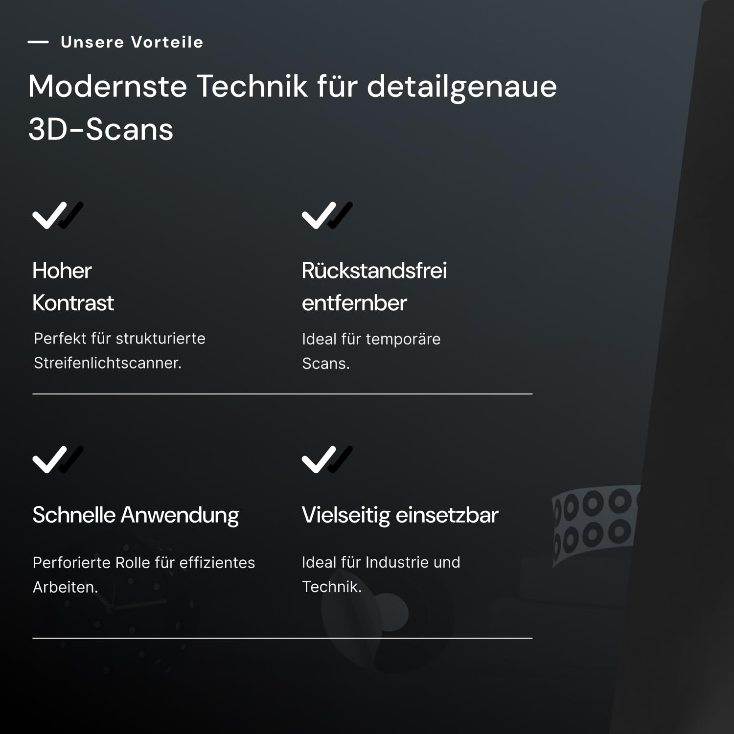 AESUB Dots black&white - Punti di riferimento bianchi per scanner 3D con luce strutturata, autoadesivi e bidirezionali, adatti per spray AESUB, Ø 3 mm, rotolo con perforazione di demolizione