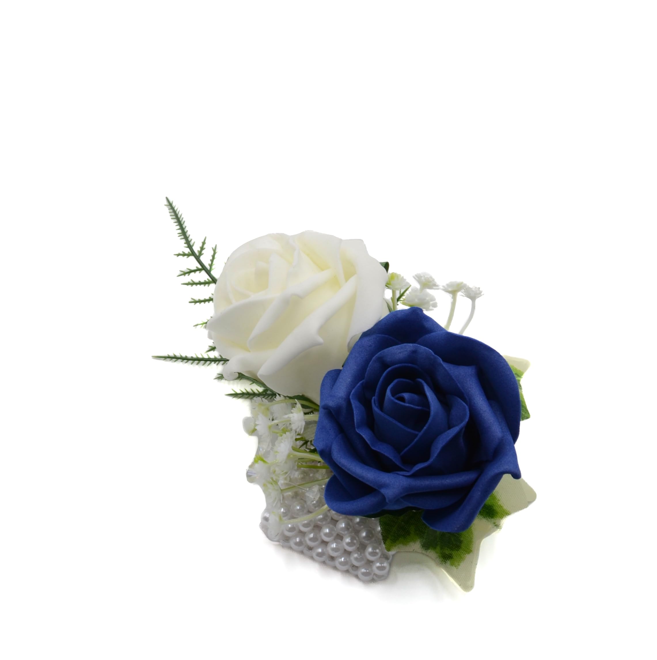 Artificial Wedding Flowers Hand-made by Petals Polly, FOAM ROSE WRIST CORSAGE IN NAVY BLUE & IVORY