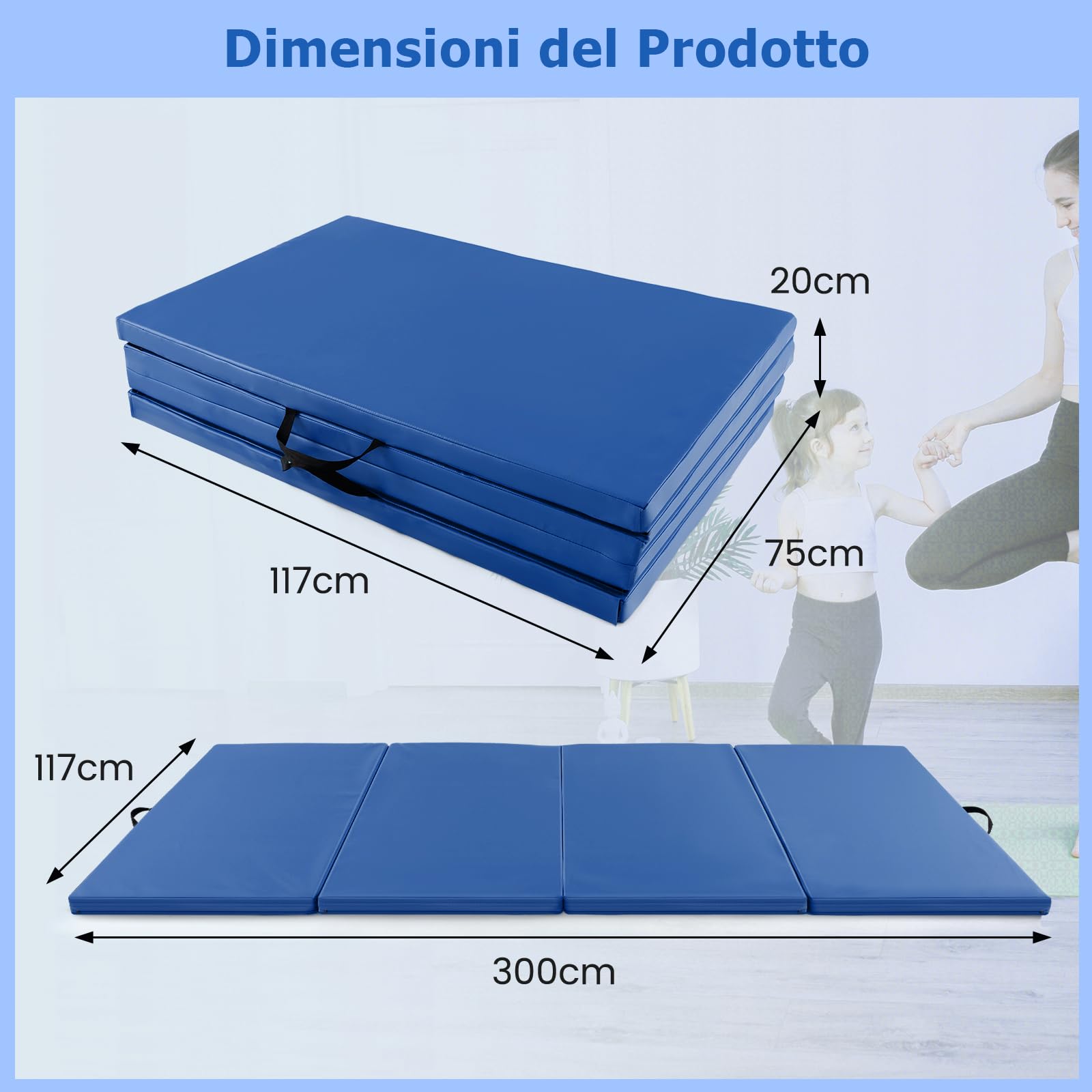 GYMAX Tappetino Ginnico Pieghevole a 4 Pannelli, Spesso 5 cm in Ecopelle con Chiusure a Strappo, Maniglie Portatili, Tappetini Portatili per Ginnastica, Arti Marziali, Yoga