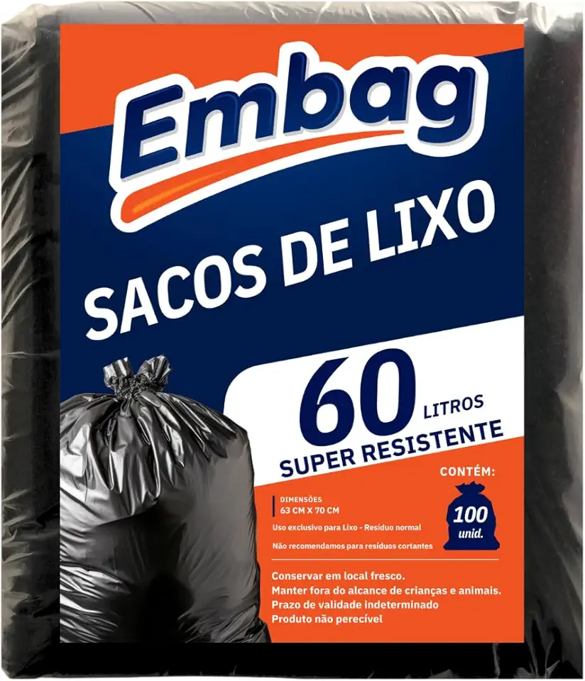 Saco de Lixo Super Resistente Pacote100 Unidades Fundo Reforçado Uso Doméstico (60 Litros 100Un)