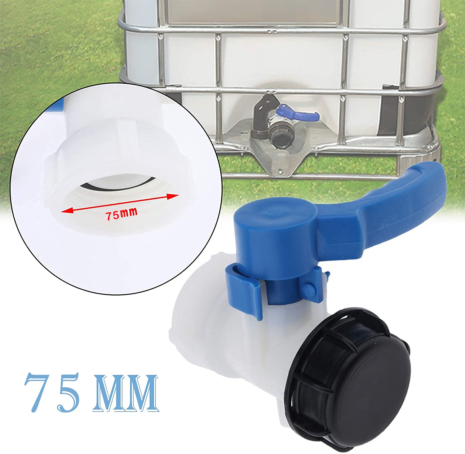 Yikko Adaptateur universel pour réservoir d'eau IBC, vanne à papillon en polyéthylène haute densité, noir + blanc + bleu, 75 mm DN50