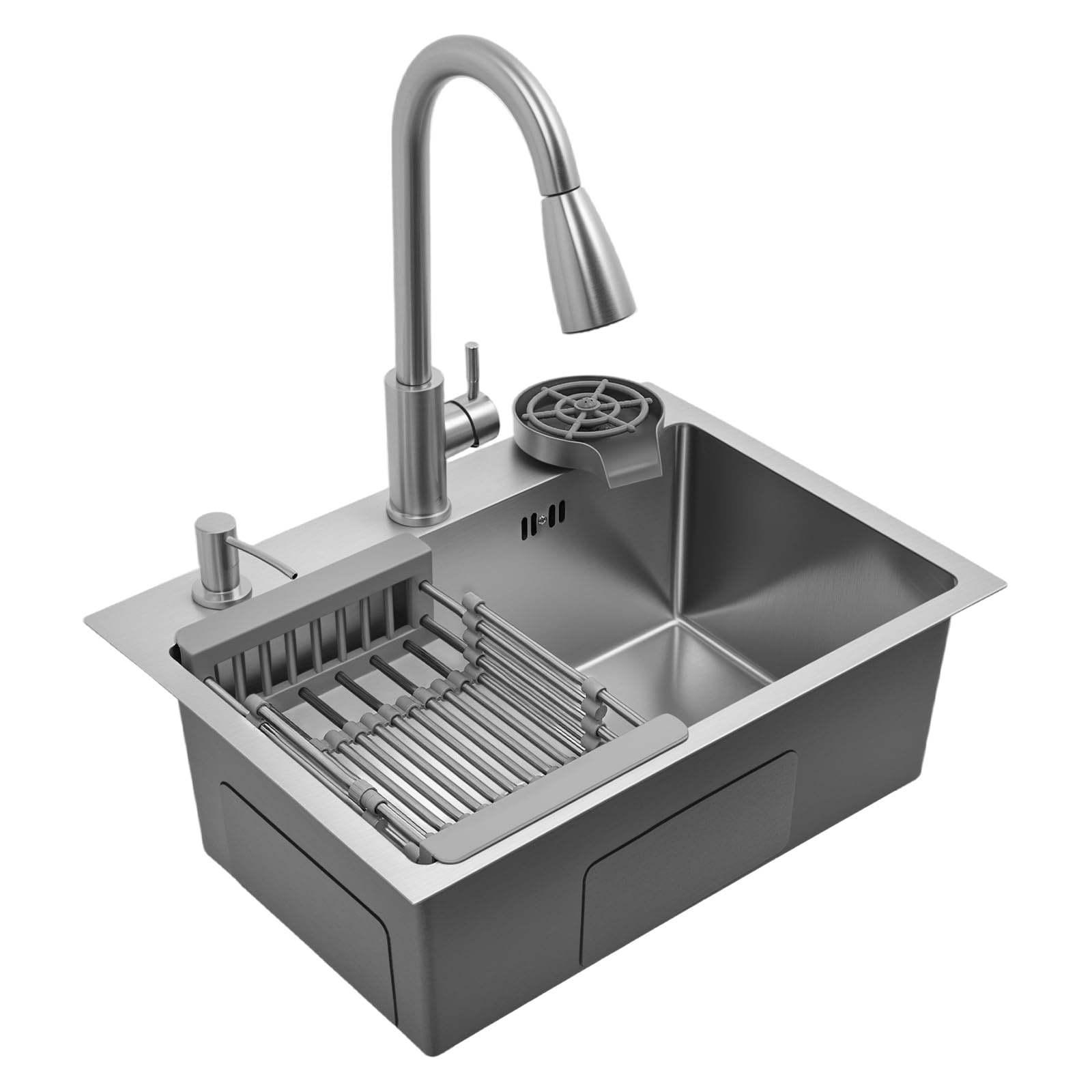 Fregadero plata, 55 x 40 cm, empotrable, fregadero de cocina con grifo extraíble, lavavajillas para tazas, dispensador de jabón, cesta de desagüe (plata)