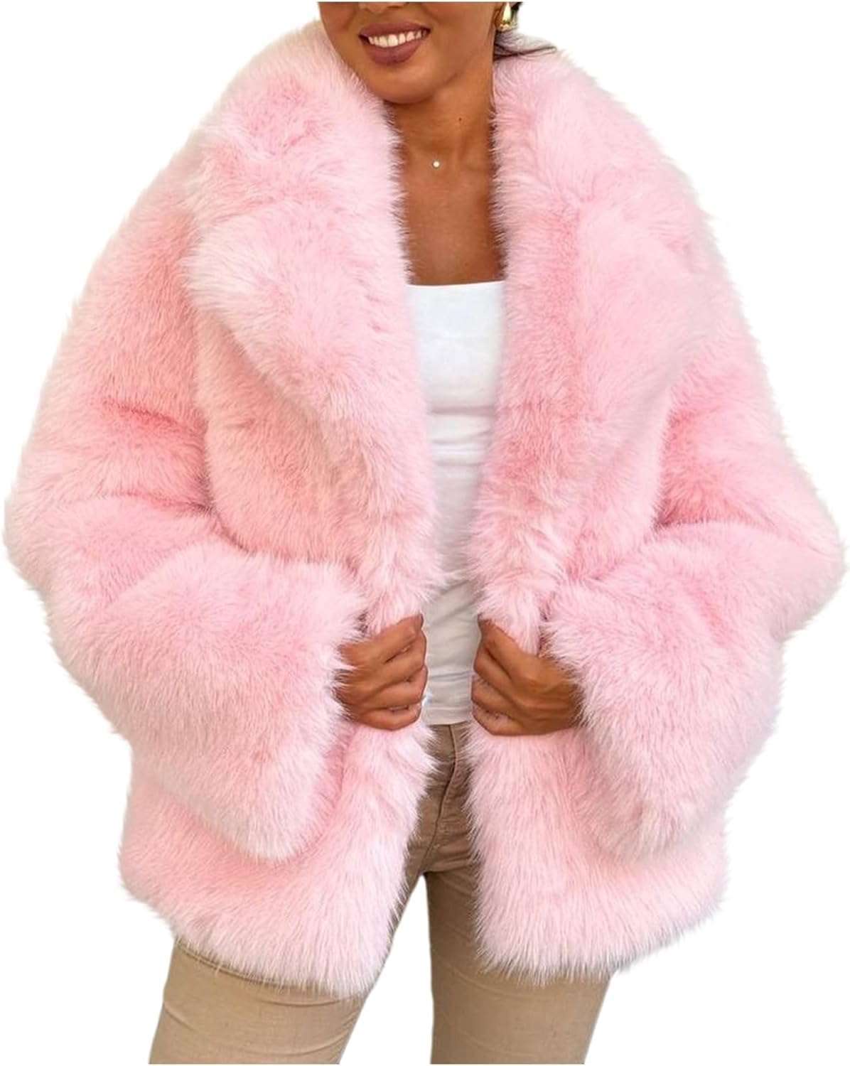 Arssm Women's Faux Fur Coat Long Sleeve Fluffy Jacket Open Front Furry Winter Warm Lapel Shaggy Coat Outwear