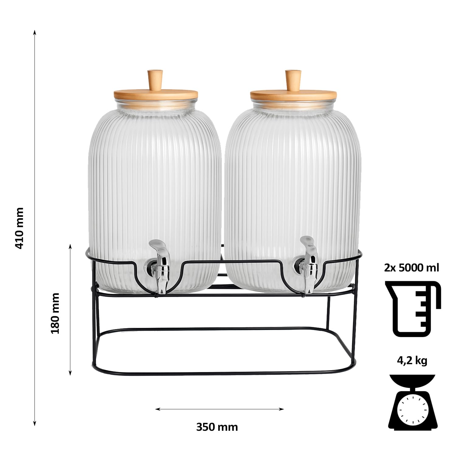 Getränkespender mit Ständer 2x 5L, Getränkespender Glas mit Zapfhahn, Glas-Wasser-Saft-Spender mit Hahn, Wasserkrug mit Hahn - 2 Stück