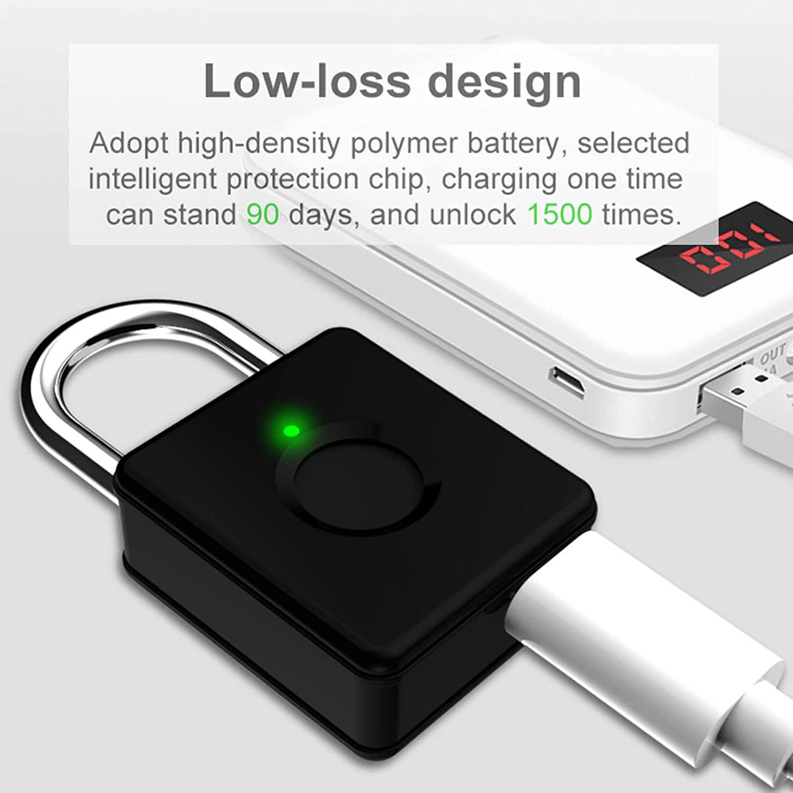 Code Padlock, Cerradura inteligente sin llave, candado de huella dactilar recargable por USB, candado de metal biométrico sin llave, candado inteligente con huella dactilar, candados (A)(Black)