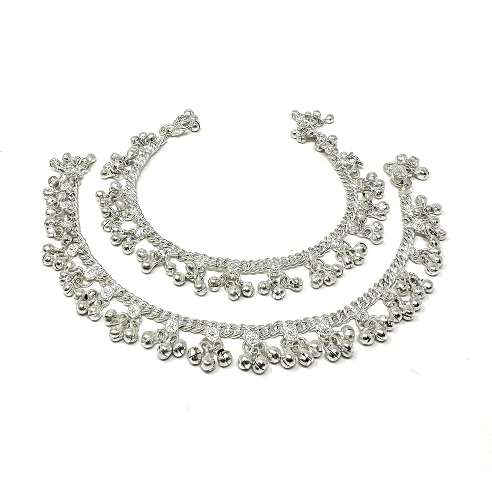 Duel On JewelIndian Ethnic Women’s Jhanjar Payal Anklet Pair with Small Metal Bead Dangle Charm Clusters, Soft Bells, Silver Finish, 10-Inch, Perfect for Bridal, Dance, Wedding, Party, Beach, Gifts