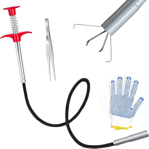 24''Flexible Grabber Claw, 4 Claws Drain Snake with Tweezers, Retractable Drain Clog Remover Tool, Bendable Hose Grabber Reacher Tool, Pickup Tool for Bath Tub, Toilet, Kitchen Sink & Sewer