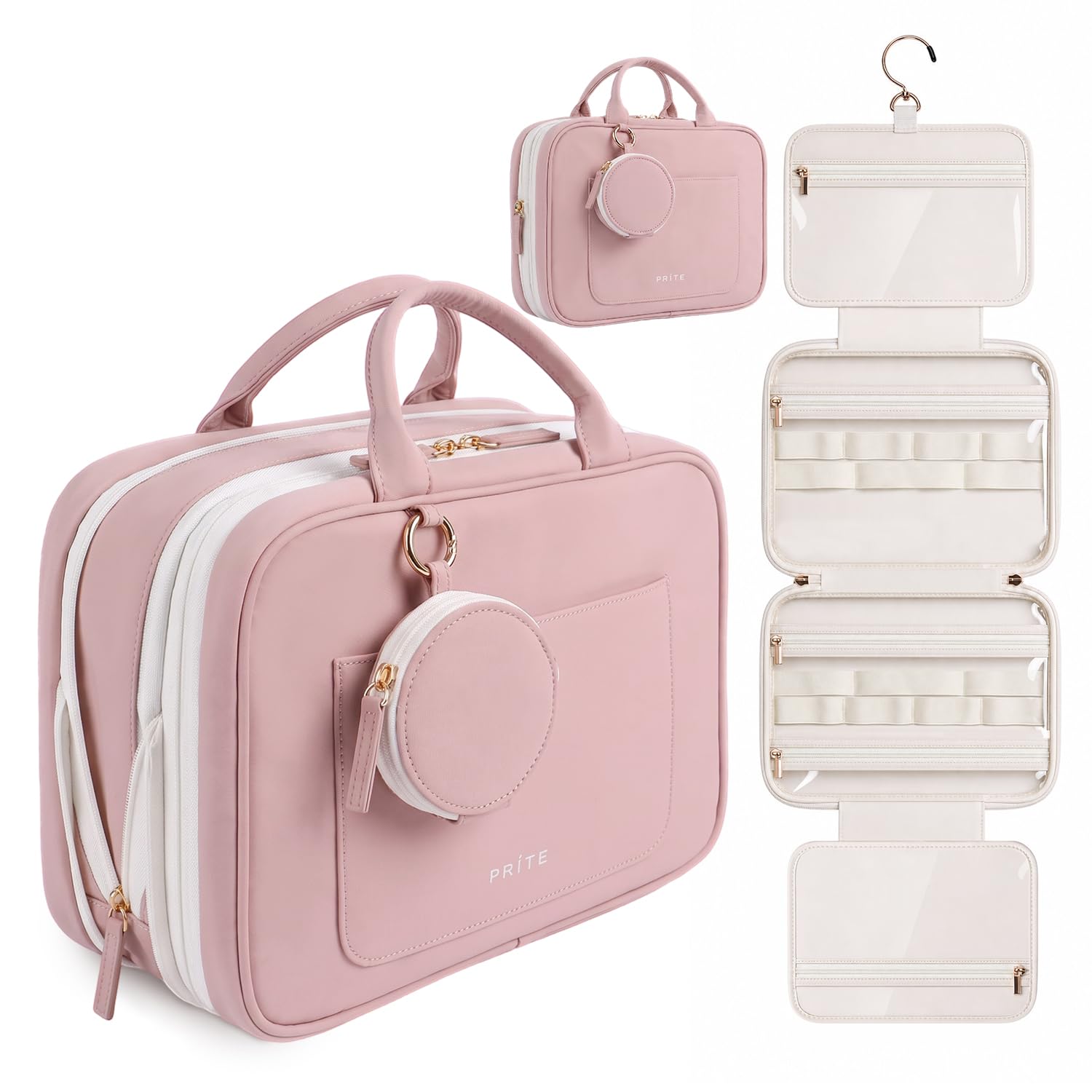 Prite Erweiterbare Reise Kulturtasche für Damen zum Aufhängen, Rosa, L